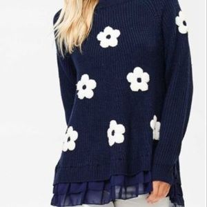Navy sweater white flower applique & frill